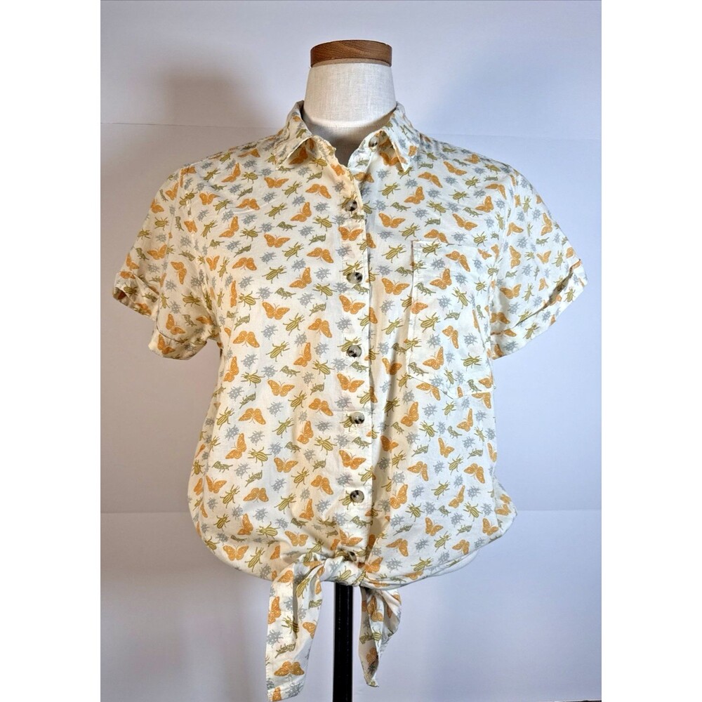 Toad & Co Camp Button Down Shirt Butterflies Bugs Insects Size Med Tie Waist